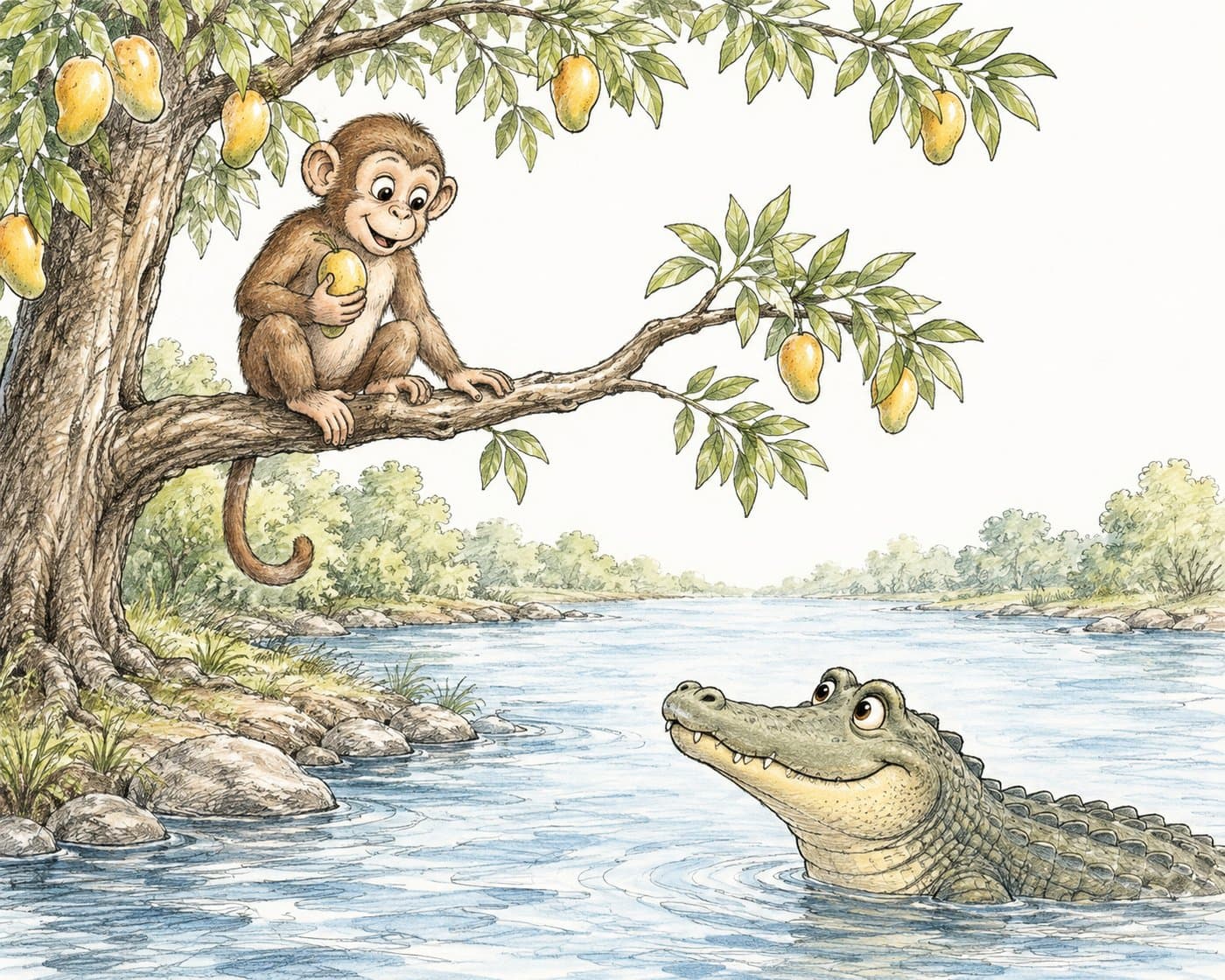 A friendly monkey in a mango tree talking to a crocodile in the river below