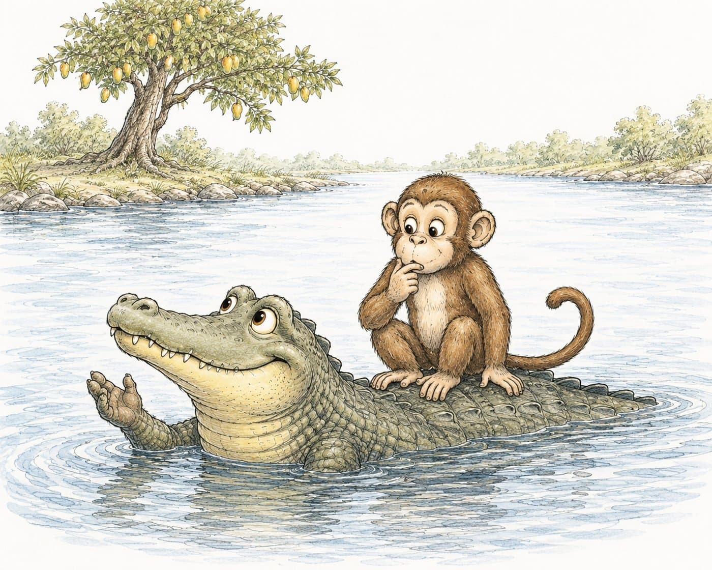 The monkey, sitting on the crocodile's back in the middle of the river, thinks up his clever plan